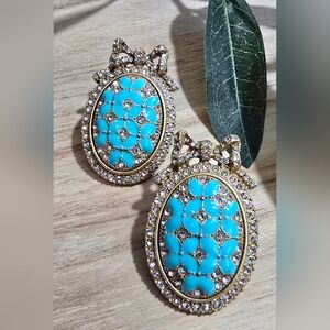 Vintage Style Gold Tone with Rhinestones accents and Turquoise Enamel Earrings